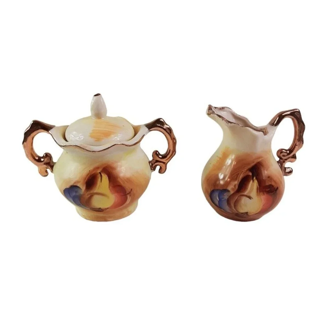 Vintage Enesco Porcelain Creamer and Sugar Bowl Set Hand Painted Fruit Design/GC